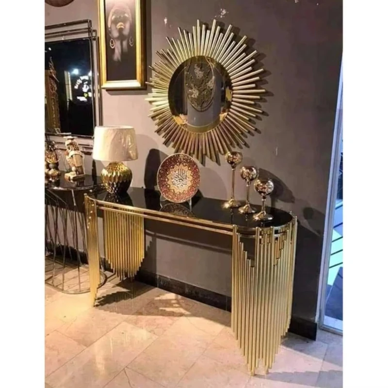 

Living room furniture pop marble gold luxury entrance hallway console table modern glass luxury console strap mirror