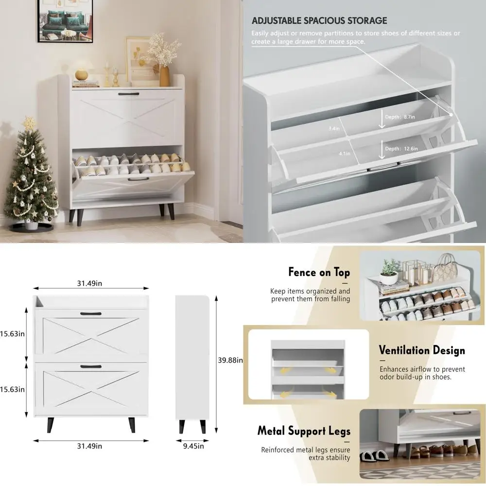 

Узкий отдельно стоящий шкаф для обуви с двумя ящиками для хранения в прихожей и органайзера со скрытой полкой для обуви