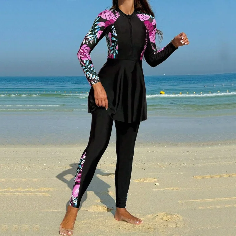 Conservative Islamic Swim Set 2Pieces Long Sleeve Rash Guard High Waist Swim Leggings Anti UV Lightweight Ladies Surfing Costume