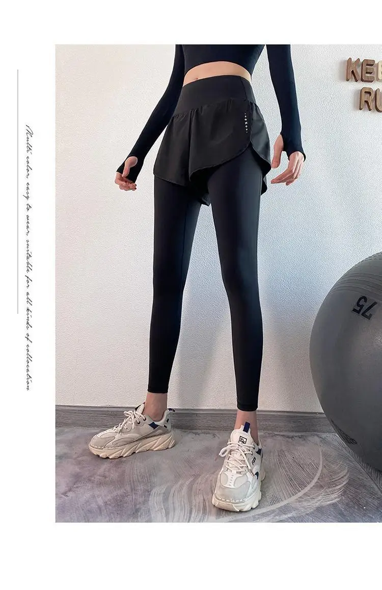 Damen-Herbst-Zwei-in-Eins-Leggings – Lauf-Yogahose mit hoher Taille und schlankmachendem Rocksaum, 4-Wege-Stretch von Studio to Street – Detail 5