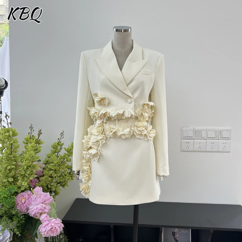 KBQ Spliced Appliques Two Piece Set For Women Notched Collar Short Blazer High Waist Short Skirt Solid Elegant Female Fashion