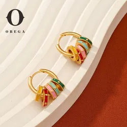 Obega Multi Color Epoxy Small Hoop Earring For Women Gold Plating Simple Design Green Pink Red Blue Painting Women Cute Earrings