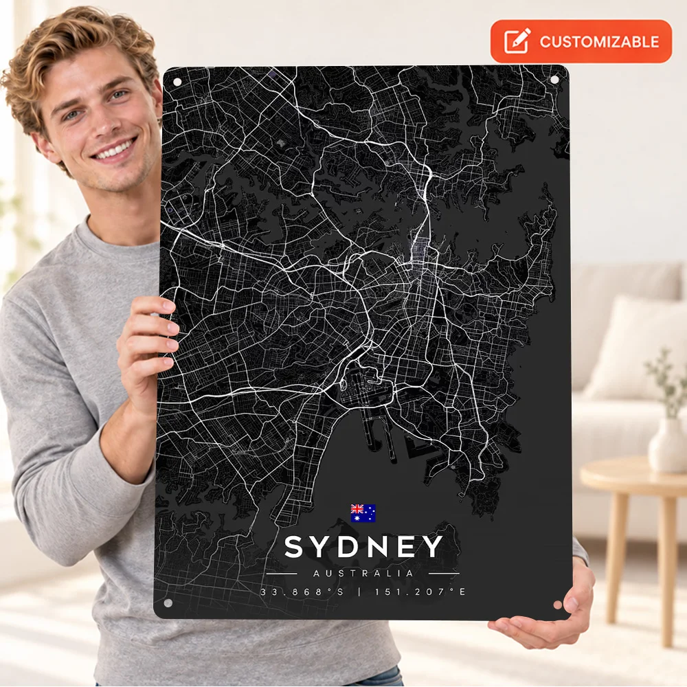 Minimalist Sydney Australia City Map Aluminum Poster Customized Metal Sign Contrast Wall Art For Study Room Decor Traveler Gift