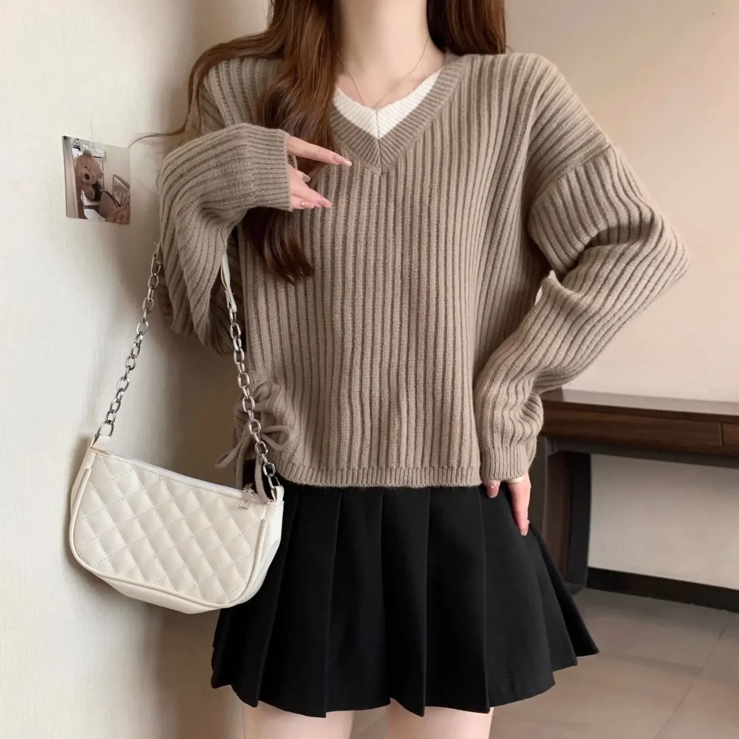 

Loose Fit Princess Sleeve Design Slimming V-Neck Long Sleeve Drawstring Sweater Women's New Style spring Summer Fashionable