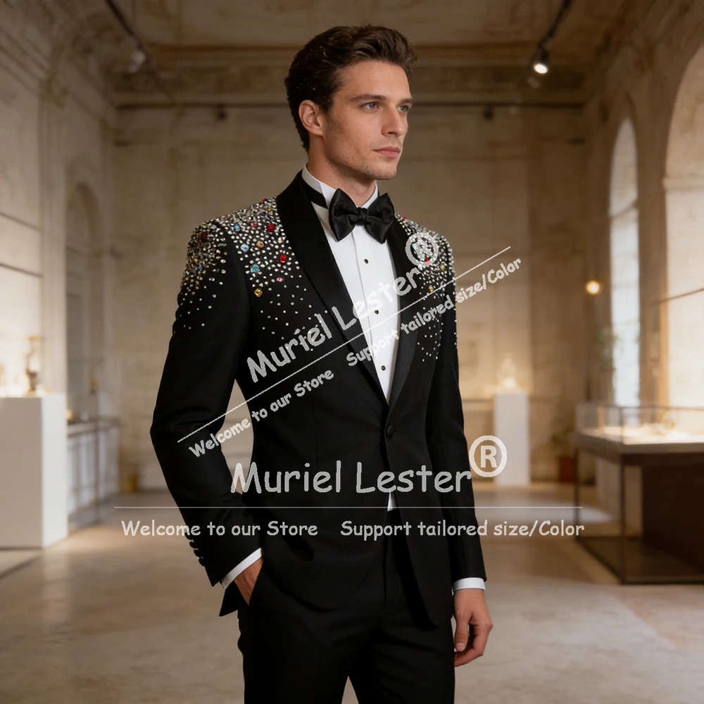 

Luxury Men's Suit For Wedding Beads Crystals Prom Blazers Customized Shawl Label Jacket Pants 2 Piece Sets Formal Wear Tuxedos