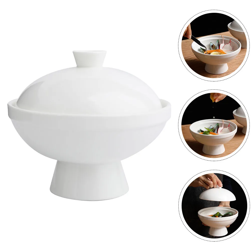 Tazón de Cerámica Premium para Guisos con Tapa, Diseño Profundo y Grueso para Huevos al Vapor, Sopa de Nido de Pájaro, Avena, Postres, Servir Comida Caliente