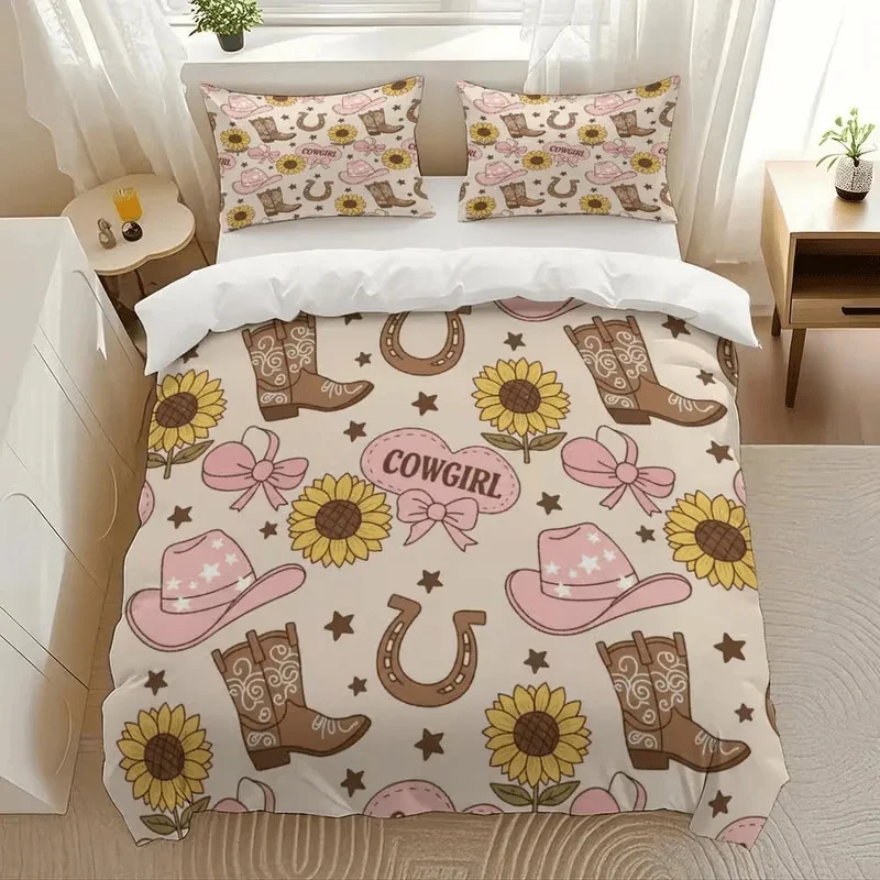 3pcs Rustic Farmhouse Duvet Cover Pillowcase Bedding Set For Teen Cowboys Cowgirls Western Horseshoe Bedroom Single Size