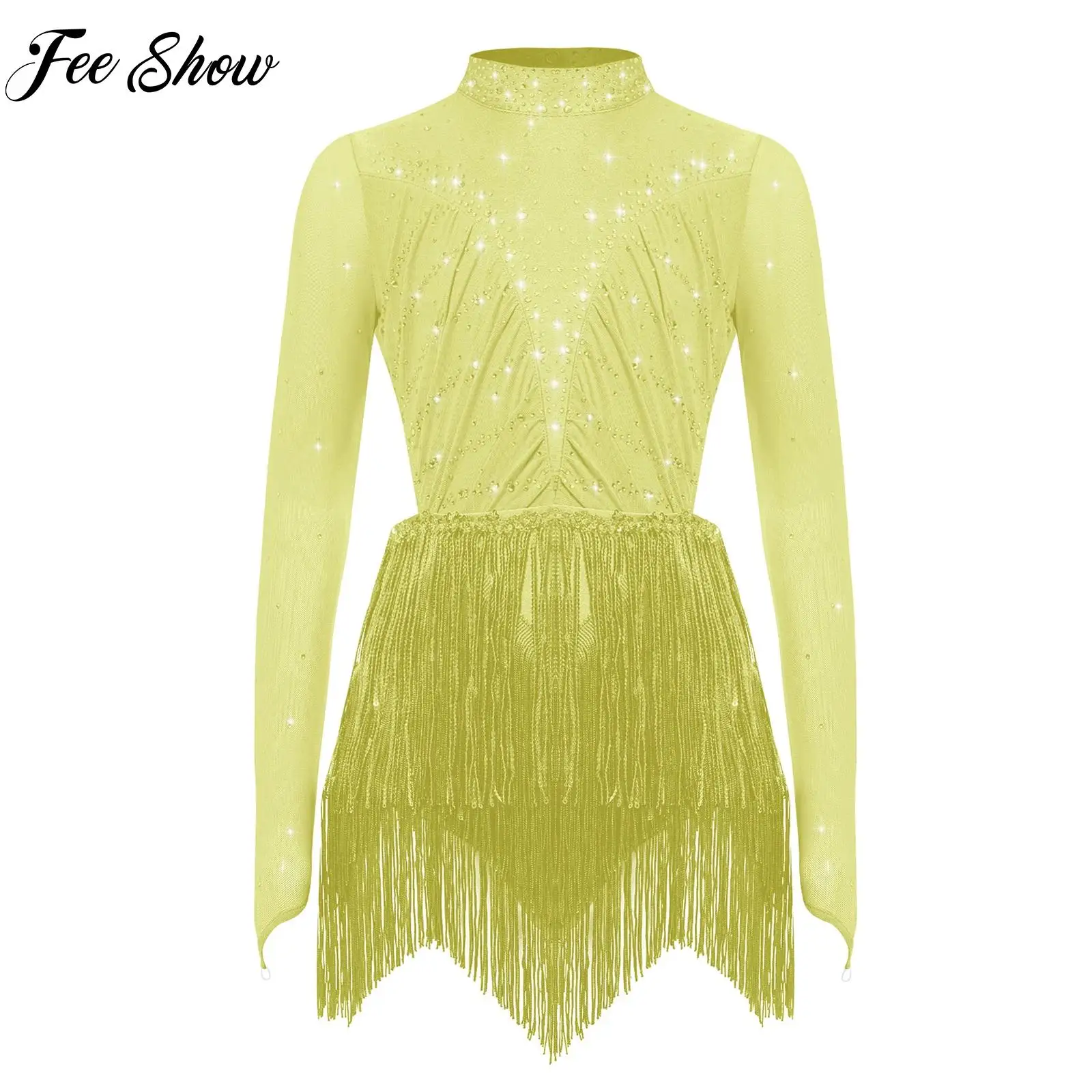 

Child Girls Rhinestones Latin Dance Leotard Salsa Samba Dance Class Performance Costume Sequins Tassels Bodysuit Dancewear Set