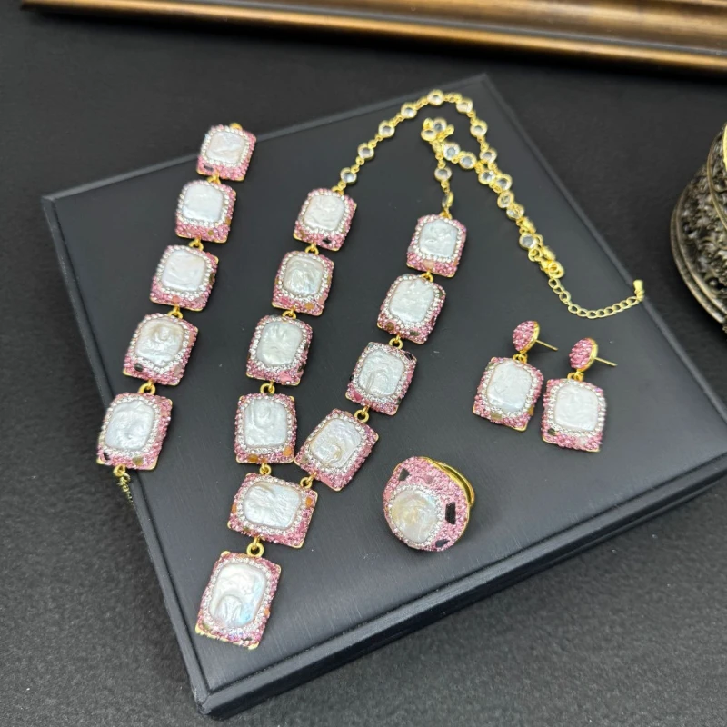 Conjuntos de Joyería de Cuarzo Cristalino con Perlas Naturales de Agua Dulce, Collar, Anillo y Pendientes de Lapislázuli Rosa, Hechos a Mano para Mujer, Conjunto de Boda