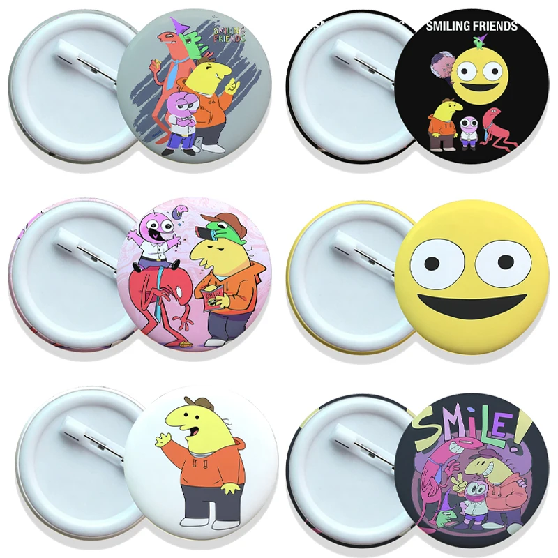Smiling Friends 58mm Round Badge for Men Women Anime Cartoon Printed Cute Badges Students Schoolbag Clothing Decorative Badges