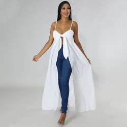 Sexy Women Spaghetti Strap Sleeveless Irregular V-neck Long Slit Extra Long T-shirt Causal Women Streetwear