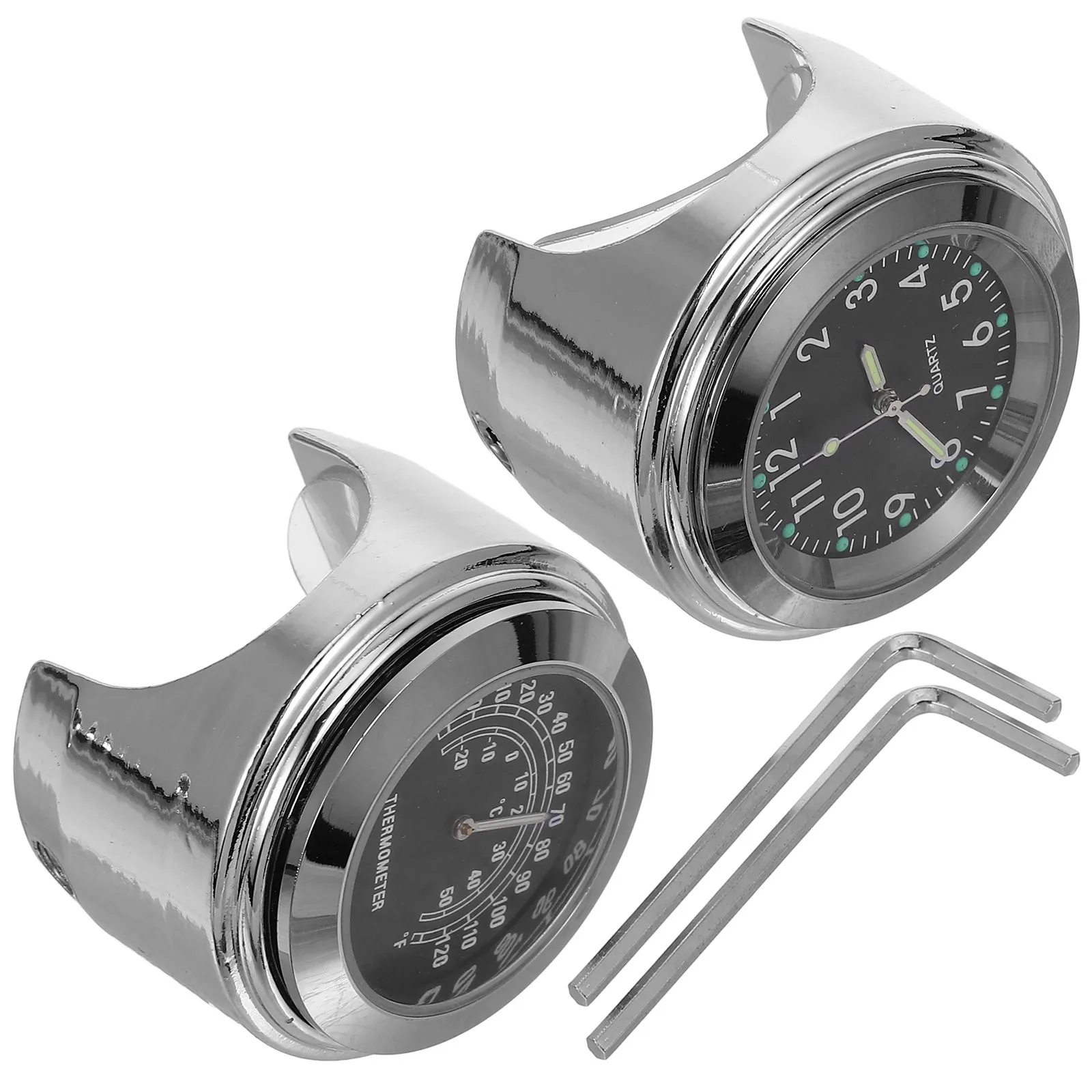 

2Pcs Motorcycle Clock Thermometer Set Aluminum Handlebar Dial 22-25mm Waterproof Night Vision for