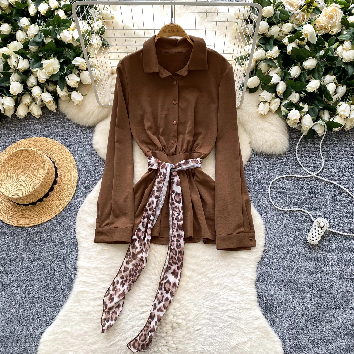 Chic vintage  turn-down collar solid bodycon long sleeve Elegant Fairy korean fashion Boho Sundress women mini dress