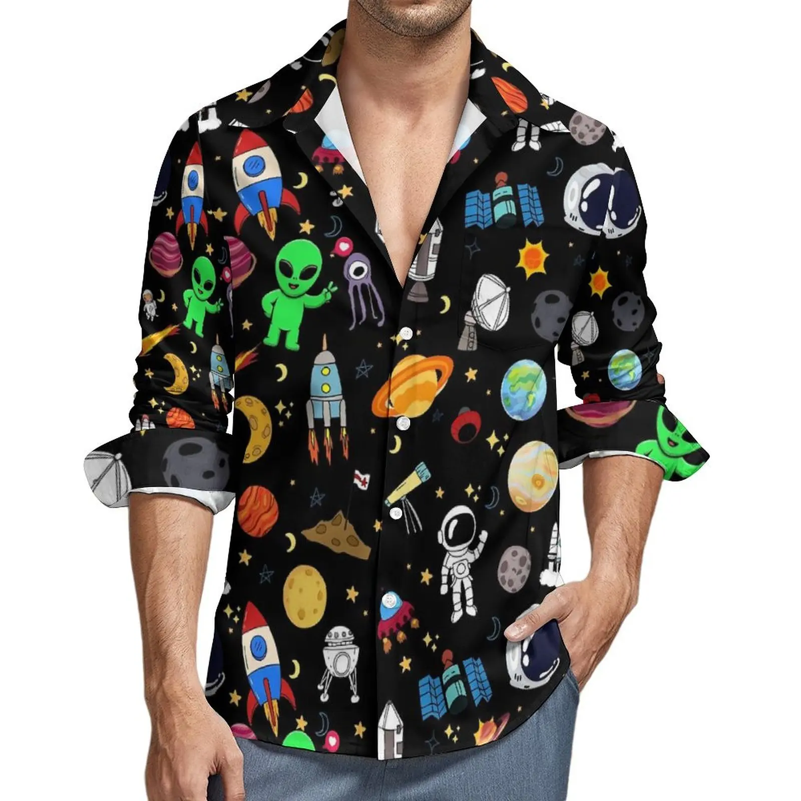 Spring Design Clothing Outer Space Print Blouse Mens Stars Moon Galaxy Shirt Long Sleeve Lapel Loose Comfortable Casual Shirts