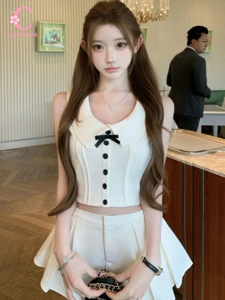 

New Summer French Elegant Coquette 2 Piece Set Women Bow Peter Pan Collar Crop Top High Waist Pleated Skort Slim Fit Party Outfi