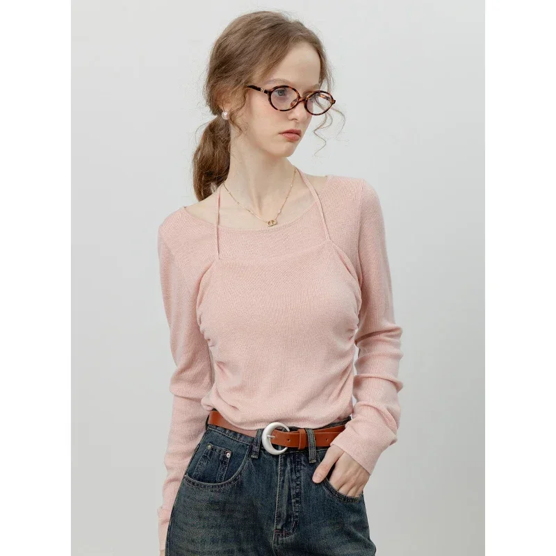 EGGKA Autumn Sweet Solid T-shirts Female Halterneck Elegant Long-sleeve Tops Korean Fashion Patchwork Two-piece T-shirt 2024 New