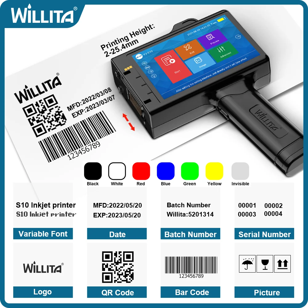 Impressora jato de tinta portátil willita, 25.4mm, para logotipo, data de validade, código de barras, etiqueta, número de lote, impressora tij,