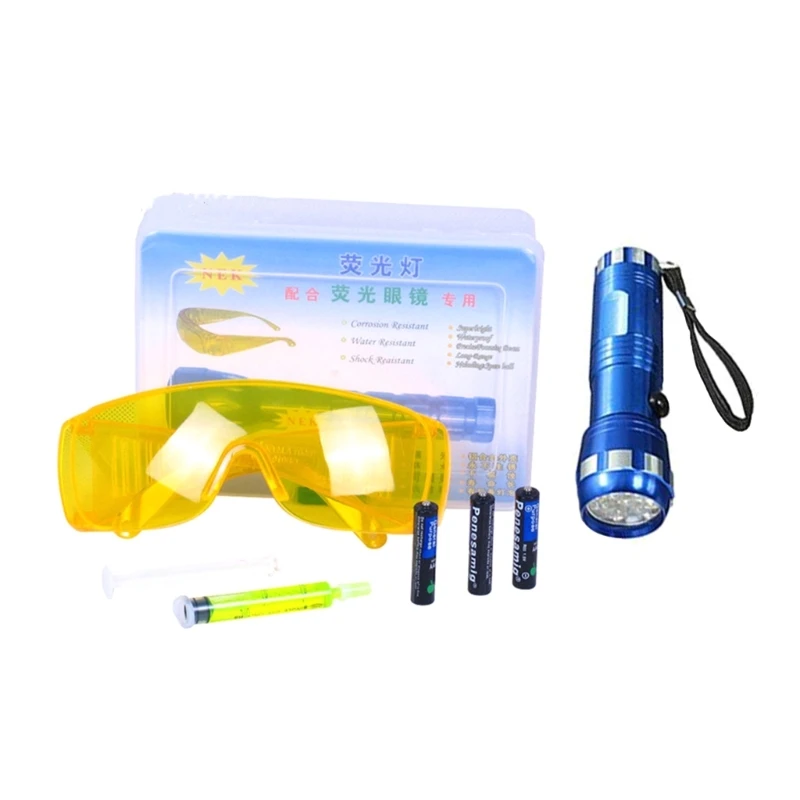 Car Air Conditioner Leak Detector Tool Flashlight with UV-Protective-Glasses Oil Dye Leak Test Detection 1 Set