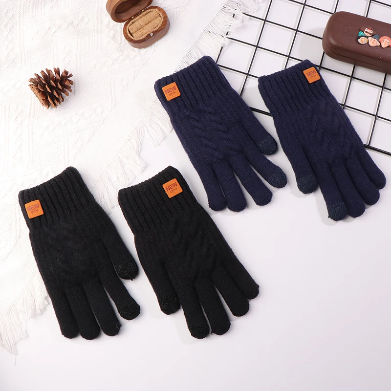 Men's Warm Full Finger Gloves Winter Touchscreen Plus Fleece Gloves Woman Thickening Wool Knitted Cycling Driving Gloves