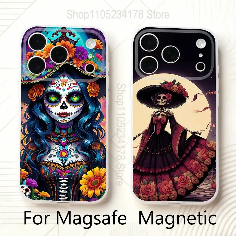 

Day of the Dead Mexican Catrina Skull For iPhone 11,12,13,14,15,17,16,Pro,Plus,E,Max,Air,Mini Clear Magnetic Frosted Cover