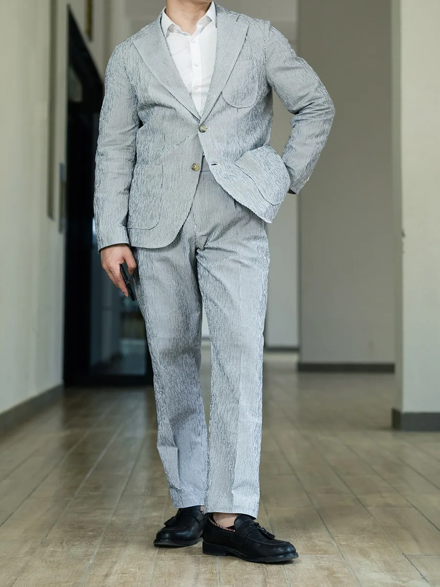 POT&CRAFTSMAN spring and summer new men's black striped cotton bubble yarn casual pants Slim nine pants Paris buckle