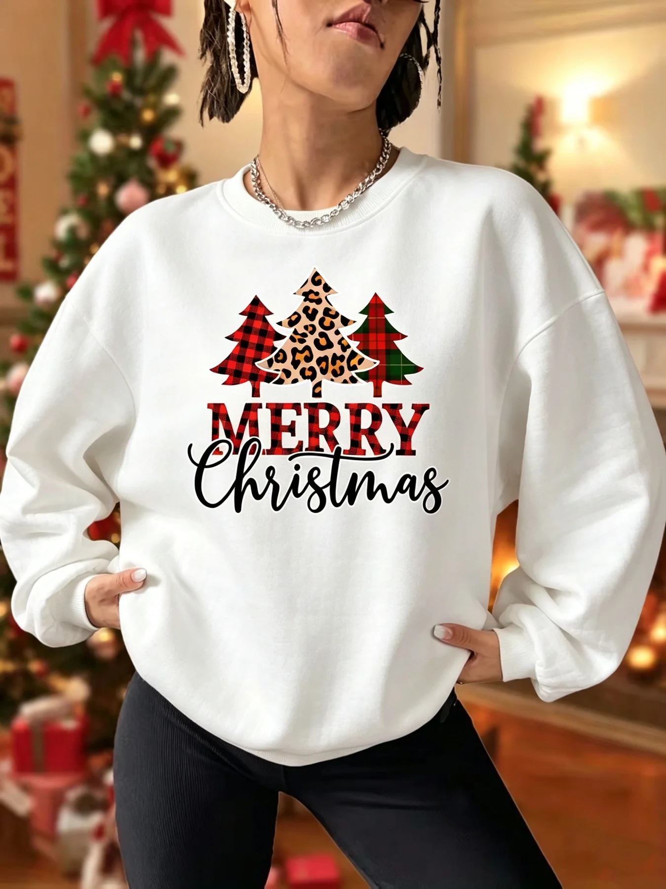 Women's Christmas Casual Long Sleeve Hooded Sweatshirt round Neck Elegant Comfortable Print with Christmas Tree And Letters Top