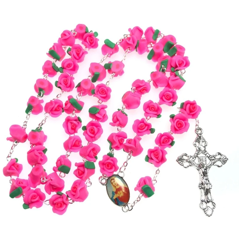 Soft Pottry Religion  Rosary Necklace Rose Bead Hanging Pendant