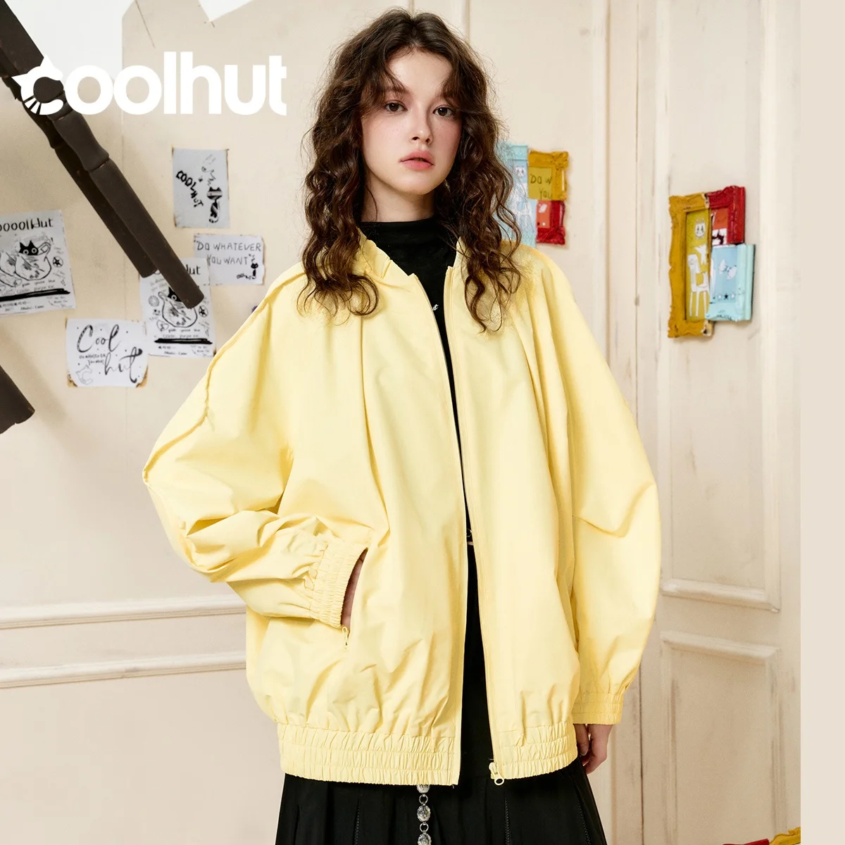 

COOLHUT Pleated College Sweater Autumn New Oversized Crewneck Top Sweetheart Pocket & Ribbed Detail Preppy Soft Grunge Outerwear