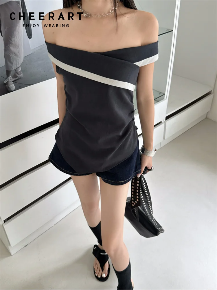 

CHEERART Designer Off Shoulder Summer Sexy Tops For Woman Black T Shirt Designer Asymmetrical Top Y2k Fashion Clothes