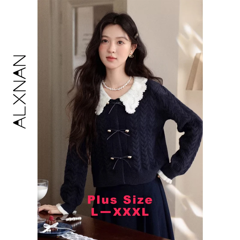 

ALXNAN Plus Size Women's Knit Cardigan Color-Block Doll Collar Bow Knit Cardigan Winter Warm Chic Navy Blue Sweaters D662163