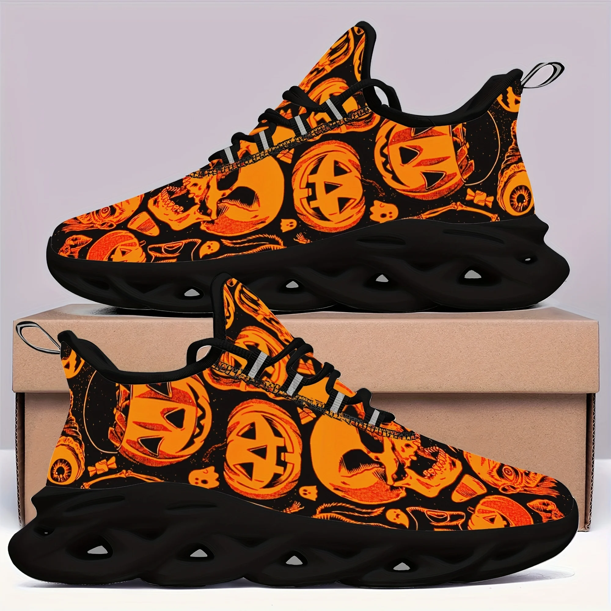Customization Men'S Halloween Orange Pumpkin Skeleton Reflective Oversized Outdoor Casual Sports Shoes