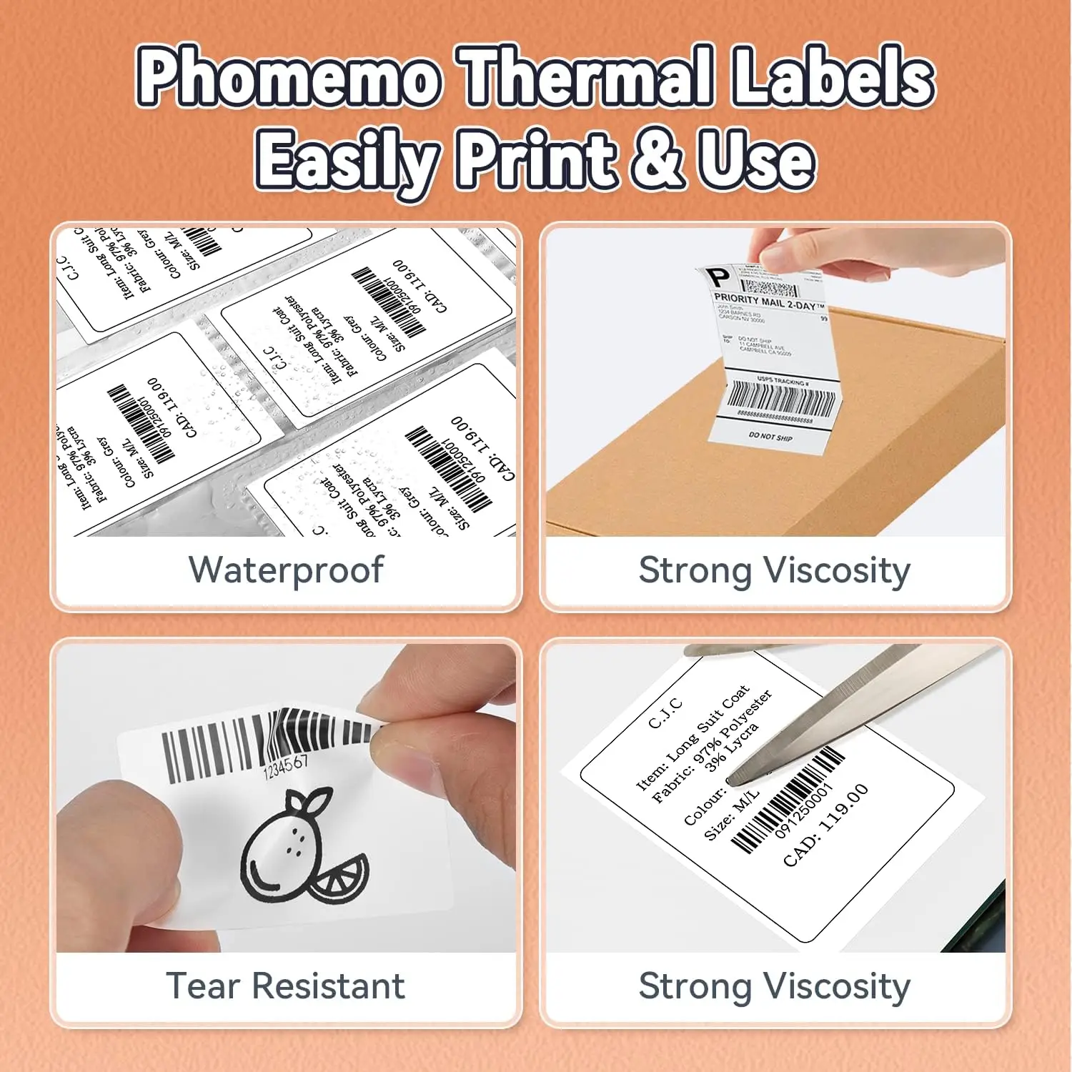 Kertas Label termal Phomemo 3 rol, mesin pembuat Label untuk M110, M220, M120, M200, M221