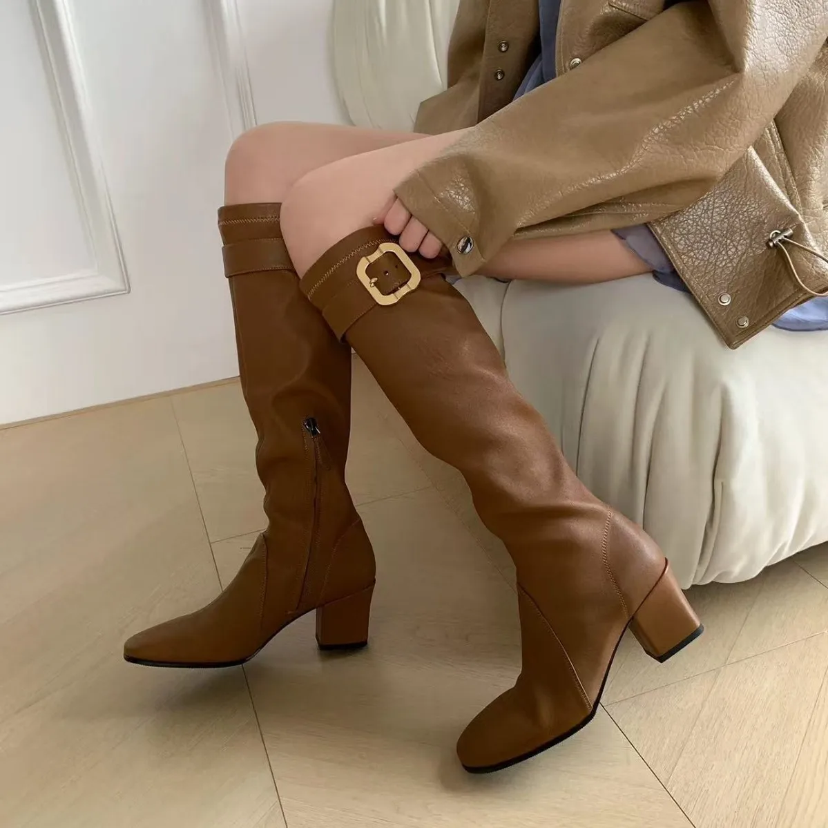 

Women Square Toe Long Tube High Heels Thick Soled Elastic Boots Belt Buckle Decoration Knee High Boot Outdoor Casual Women Boot