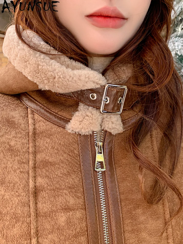 Tcyeek Prawdziwa Skórzana Kurtka Zimowa Odzież 2025 Naturalna Skóra Owcza Futro Płaszcz Damski Kurtki Motocyklowe Damskie Z Kapturem Пальто Женское