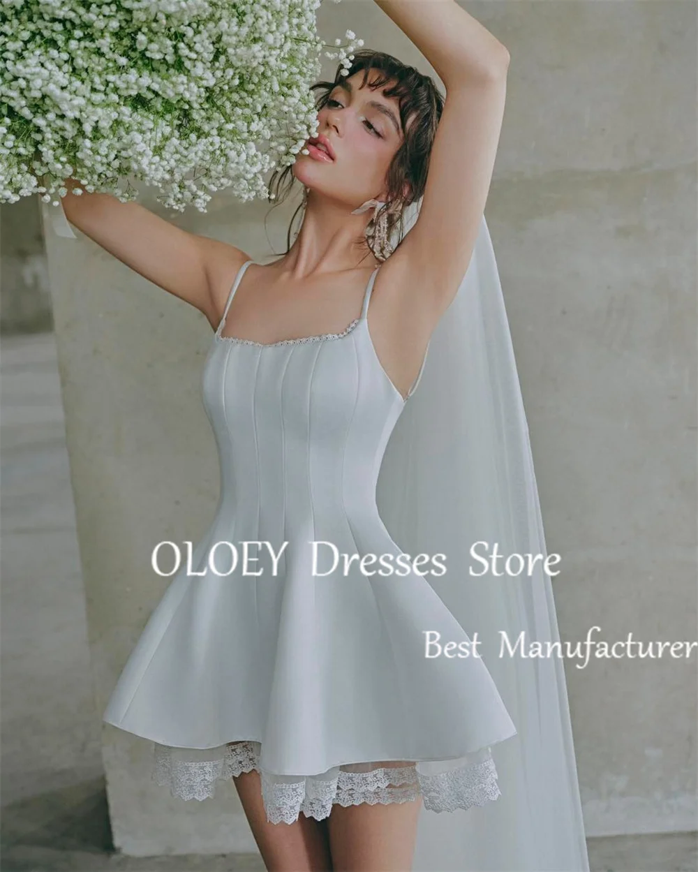 OLOEY Elegant Ivory Short Wedding Dress Outdoor Photoshoot Sleeveless Lace Mini Bridal Gown Custom Made Formal Party Gown