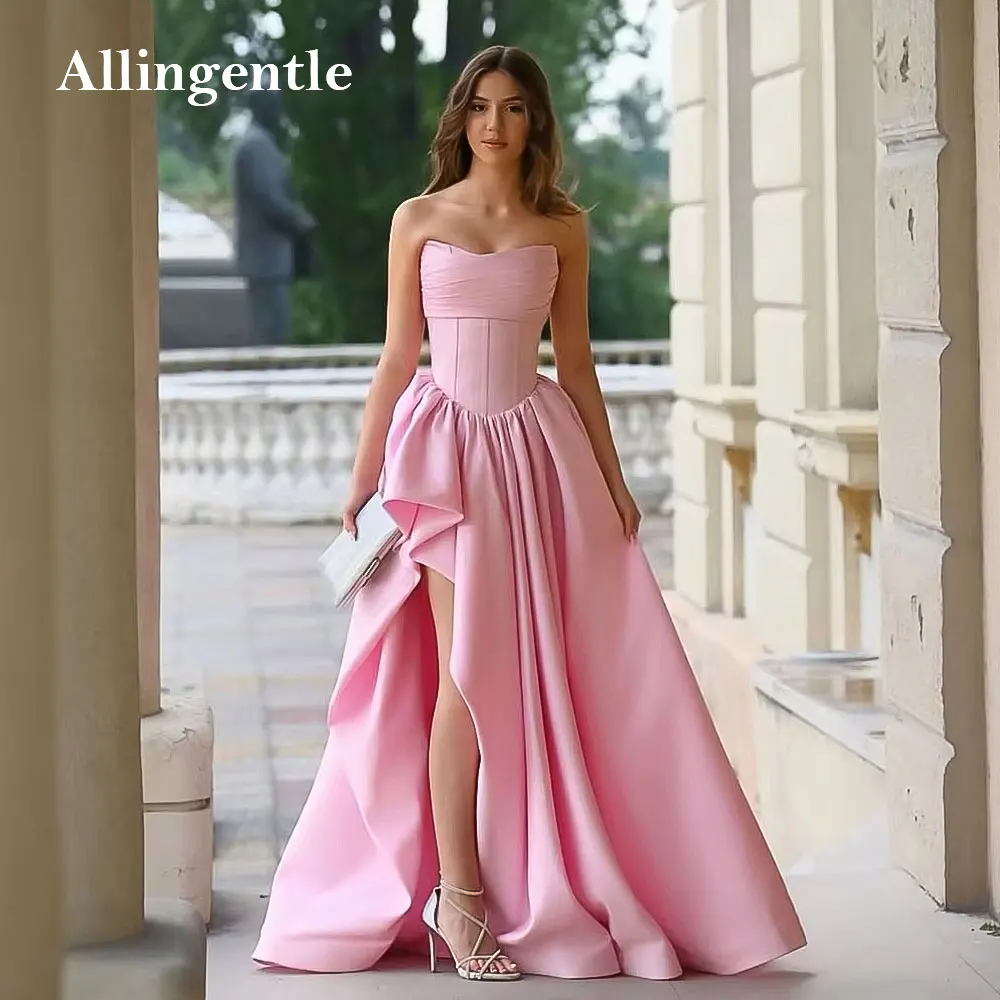 

Elegant Strapless Sleeveless Satin Prom Dress Slid Split Pink Ruched Bespoke Occasion Gowns Women's Evening Gowns Customized