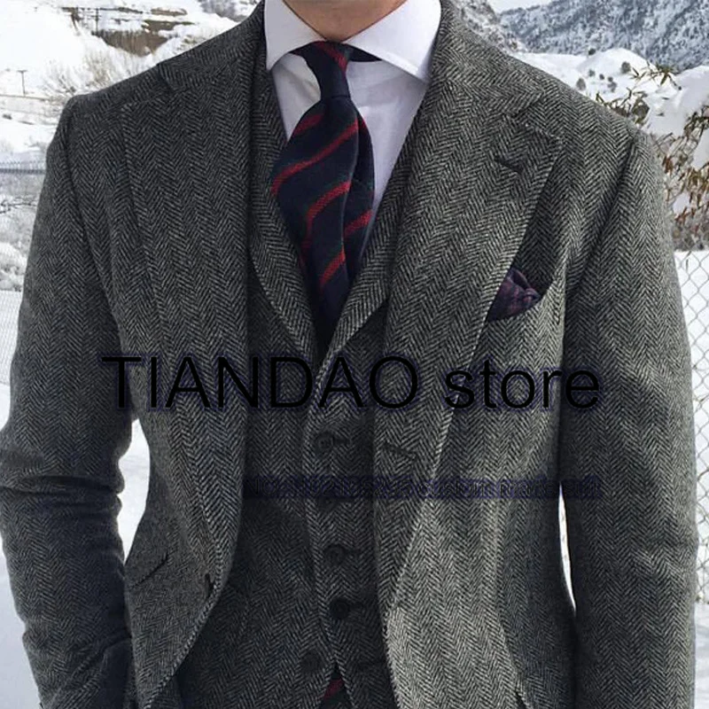 Men's Suit 3 Piece Herringbone Wool Formal Business Blazer Pants Vest Winter Slim Fit Jacket Set terno masculino