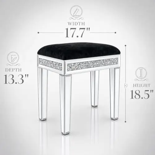 Vanity Stool with Storage Mirrored Legs, Velvet Cushioned Ottoman, Hidden Compartment, Sparkling Diamond Trim, Glam