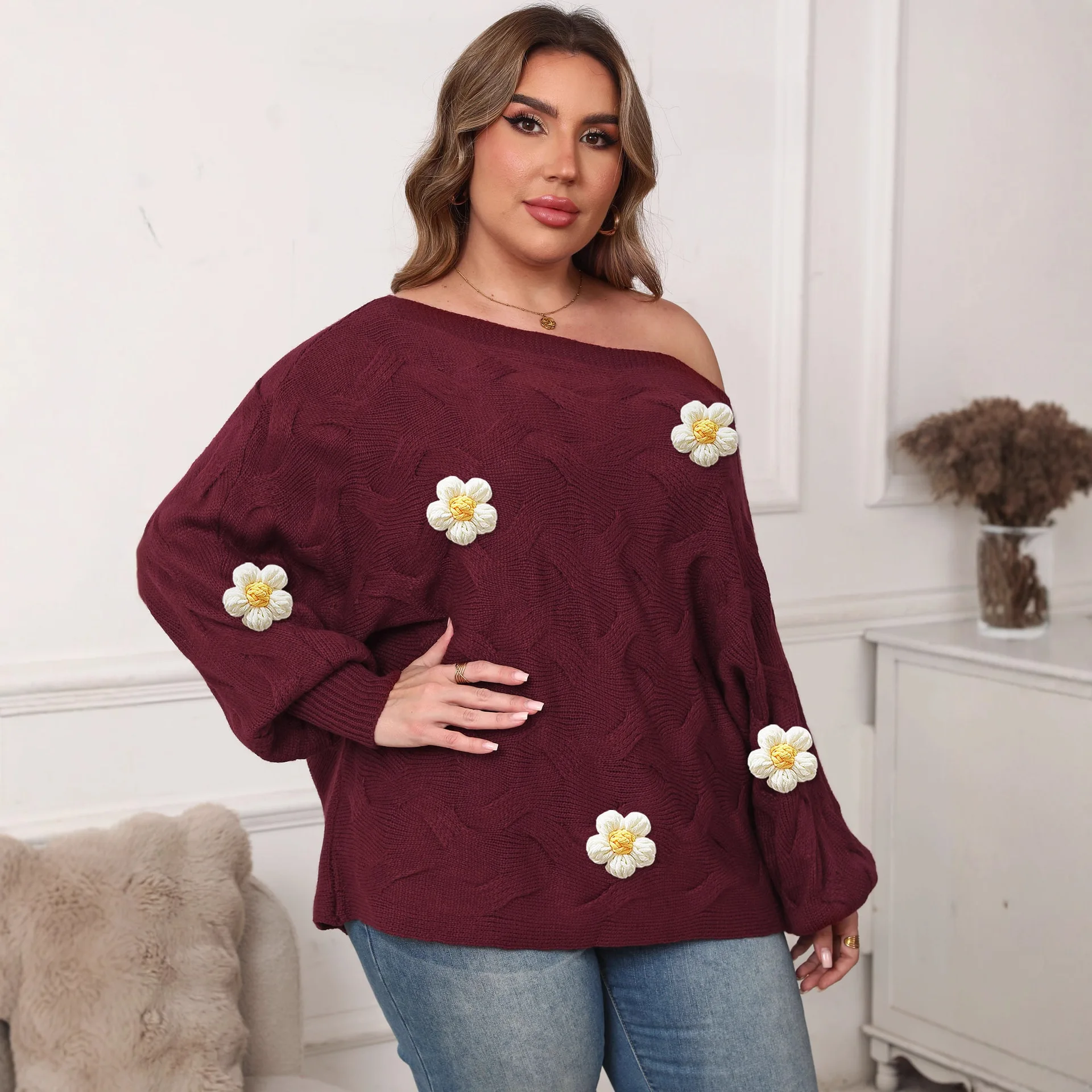 Large Size Women Sexy One Neck Off The Shoulder Irregular Top with Bat Sleeves Loose Sweater