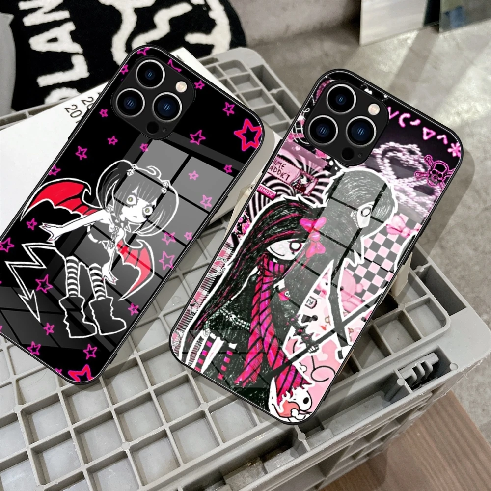 

Love Black and Cute Emo Phone Case Tempered Glass For IPhone 15 14 11 12 Pro Plus 13 14 Pro Samsung S24 Ultra S23 Fe S22 Covers