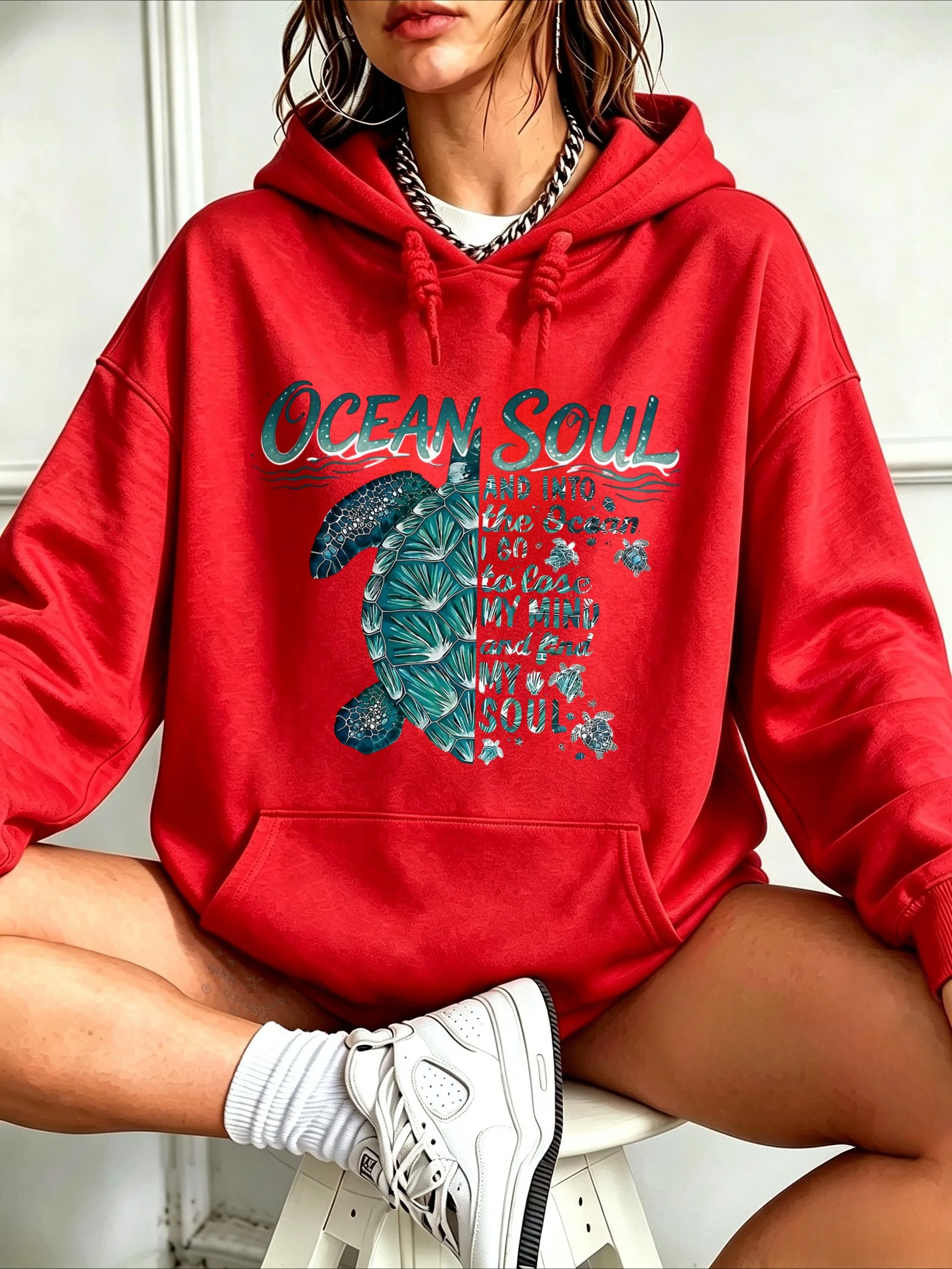 Y2K Ocean Spirit Turtle Pattern Men's Hooded Sweatshirt Casual Long-Sleeved Pockets Sweatshirt Street Fashion Women's Hooded Top