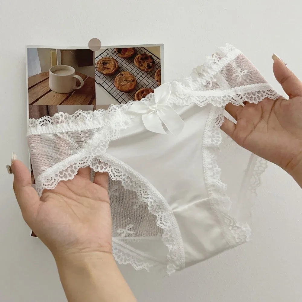 Sweet Low Waist Lace Panties Transparent Bow Mesh Flower Briefs Lingerie Cotton Crotch Underwear for Women Girl