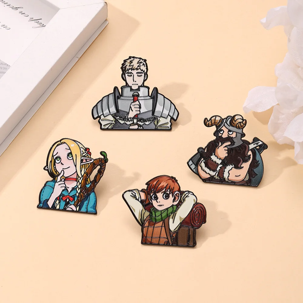 4pcs Delicious in Dungeon Anime Enamel Pins Set Metal Brooches Anime Cartoon Badge Backpack Hat Brooch Cosplay Accessories Gift