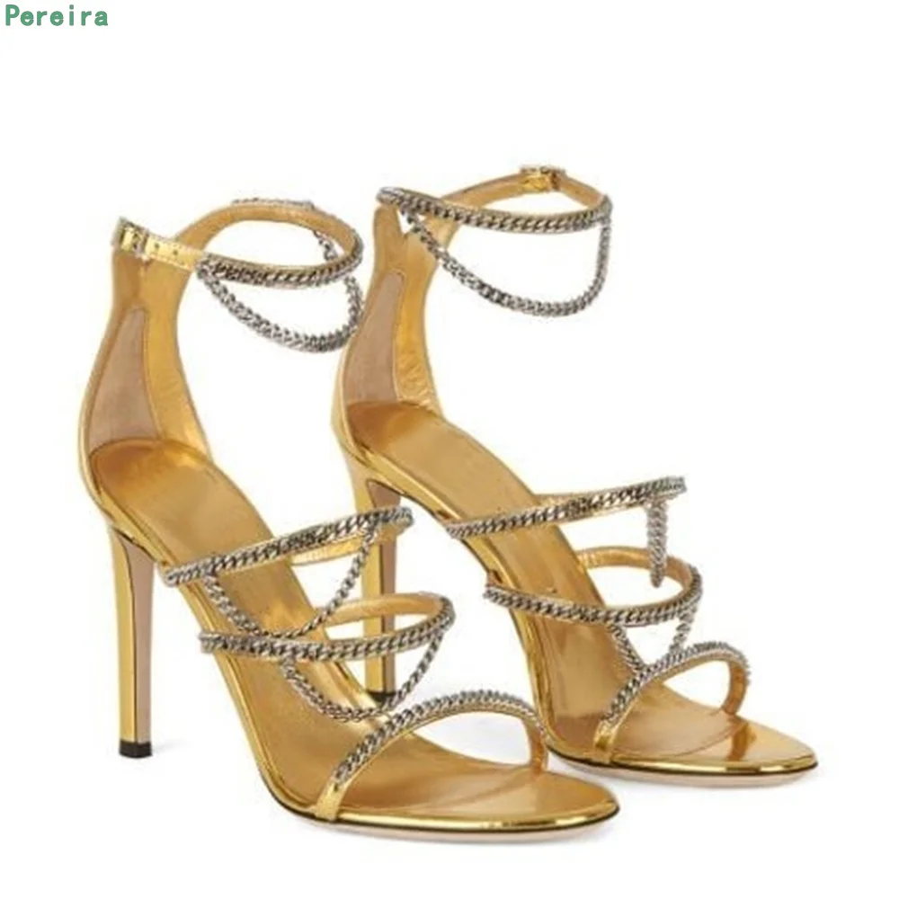 Gold Metallic Chain-trim Sandals 2022 Women's Summer New Arrival Thin High Heel Round Toe Ankle Buckle Hollow Sexy Party Shoes