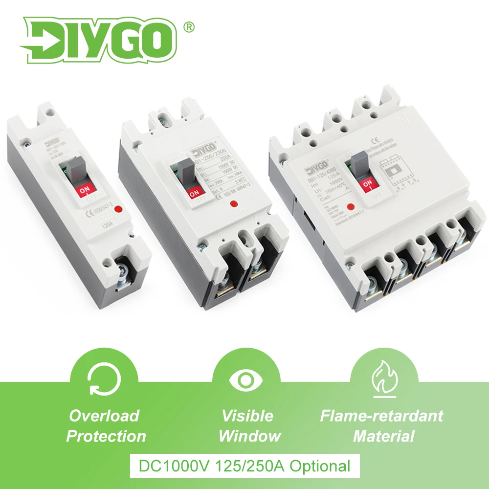เบรกเกอร์วงจรแบบหล่อขึ้นรูป DC MCCB 1P 2P 4P 500/1000V ป้องกันกระแสเกิน/ลัดวงจร สำหรับระบบโซลาร์เซลล์
