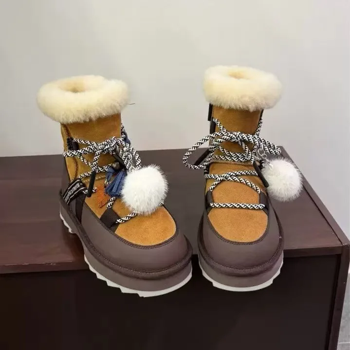 Cowhide and Wool Thick Soled Boots Women Waterproof and Anti Slip Snow Boots Winter Thick Soled and Raised Wool Short Boots