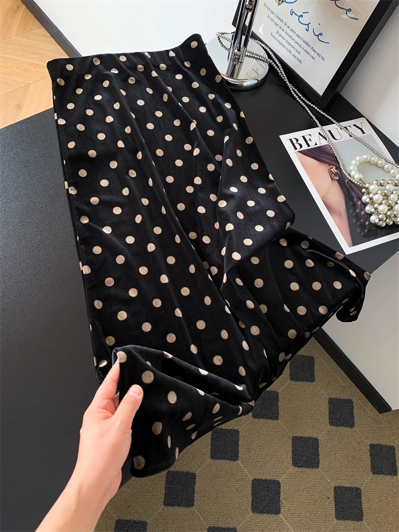 

Новая элегантная бархатная юбка средней длины в горошек для женщин, темпераментная ретро-юбка с эластичной резинкой на талии, рыбий хвост, повседневная офисная женская длинная юбка