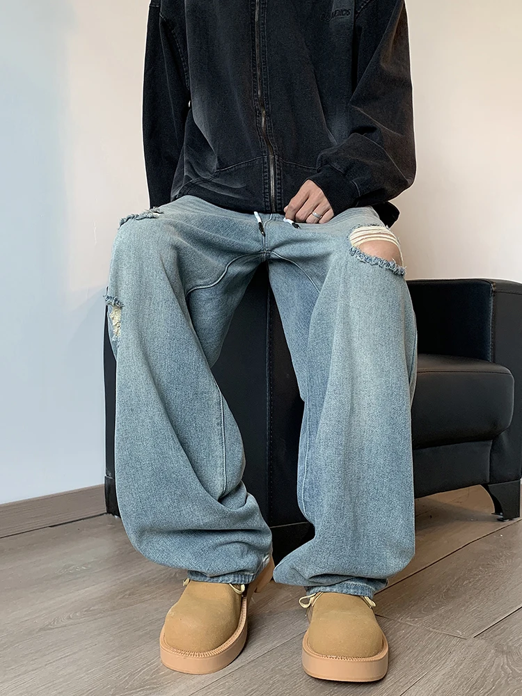 アメリカンスレ ヴィンテージ ルーズレッグ メンズジーンズ 夏 トレンドブランド INS ハイストリート クール ワイドレッグ ナイフパンツ ホールデザイン