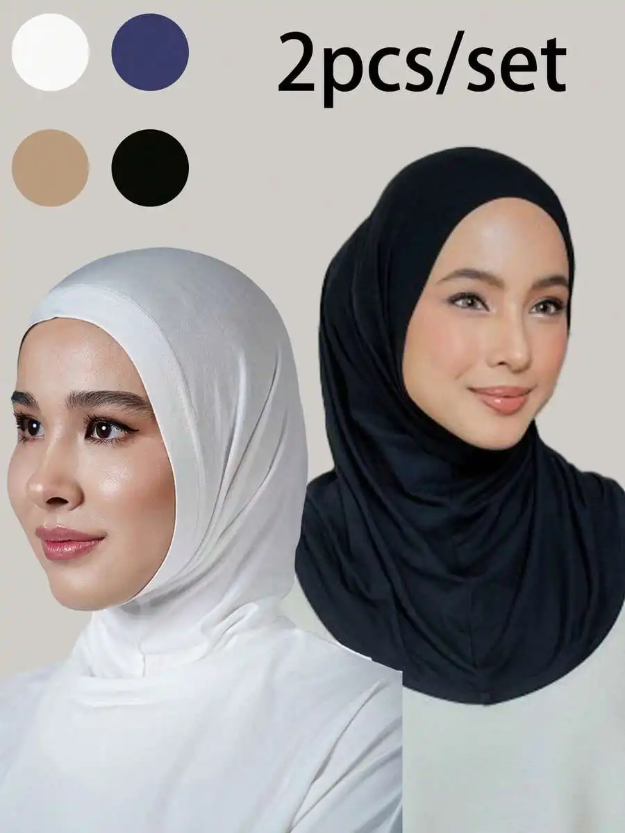 

2pcs/Set Women Solid Color Minimalist Hijab Scarf, Breathable Elastic Headband For Daily Sports Yoga Fashion