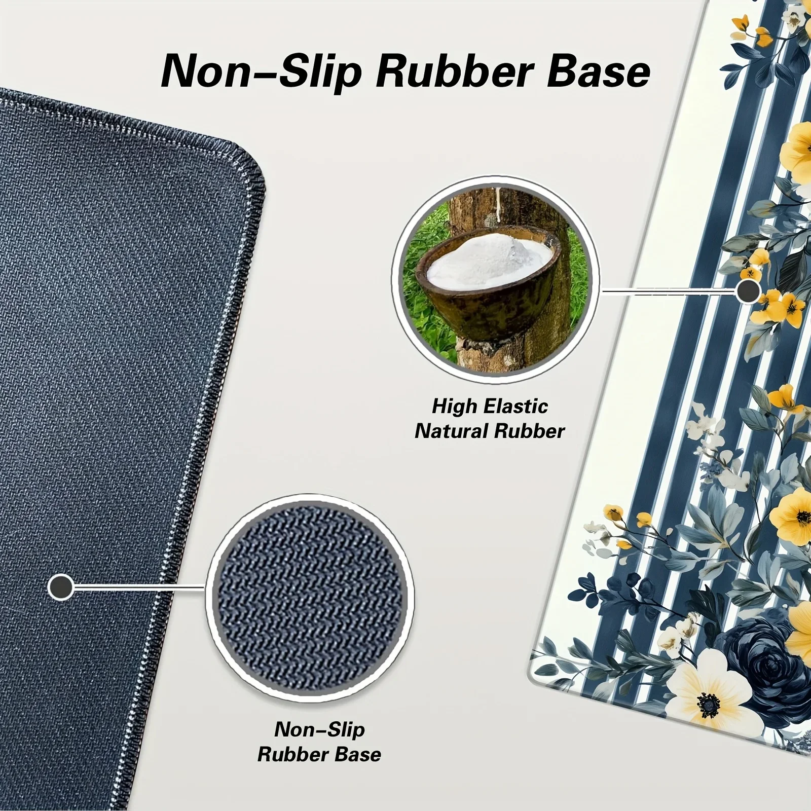 1 Buah Alas Mouse Motif Bunga Bergaris Bohemian - Alas Karet Anti Selip yang Tahan Lama, Desain Bunga Berwarna Kuning Biru Putih Hijau Cerah di Latar Belakang Biru Dongker